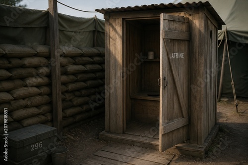 Valokuva A simple wooden latrine structure in a military camp corner.