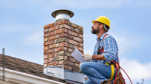 Certified chimney technician inspecting brick chimney on residential roof. Professional safety inspection, structural assessment and preventive maintenance for reliable fireplace performance