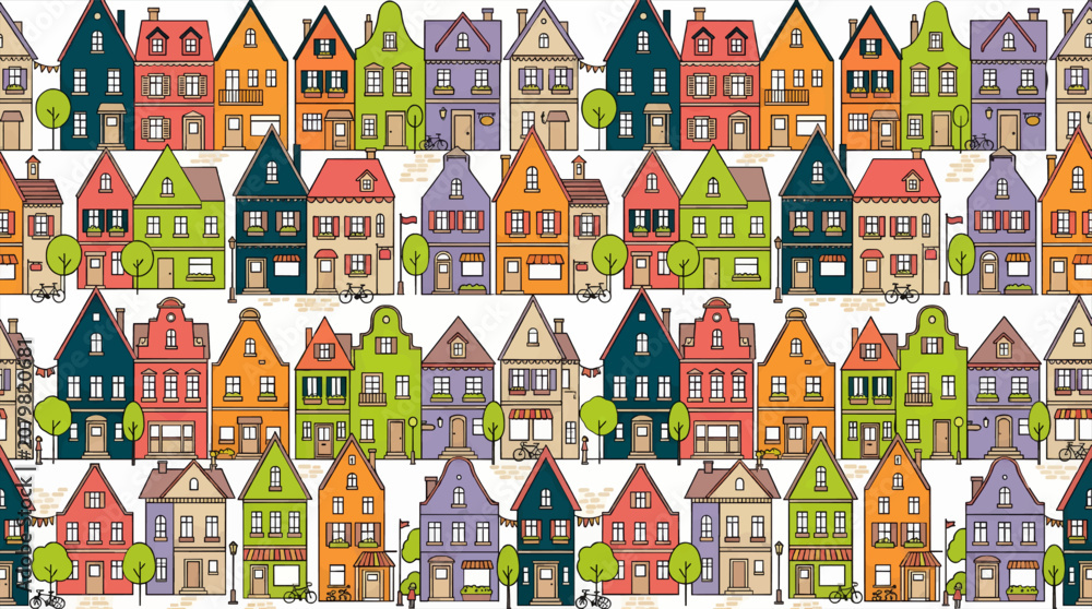 Naklejka premium Flat Vector Illustration of a Repeating Pattern of Colorful European Townhouses with Trees and Bicycles, Whimsical Street Scene
