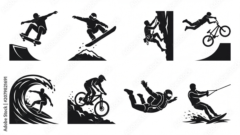 Obraz premium Dynamic set of extreme sports silhouettes vector icons illustrating various action and adventure activities isolated on white background