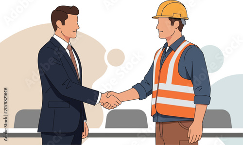 Businessman in a suit and a construction worker in a hard hat shaking hands to seal a deal in a professional office meeting setting for a business partnership
