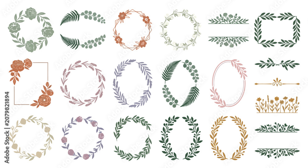 Fototapeta premium Botanical floral wreaths and frames in earthy pastel colors for elegant wedding stationery design.