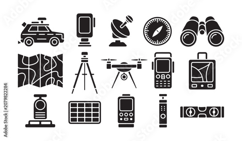 Geology survey equipment icon set with satellite gear surveying drones and mapping tools.