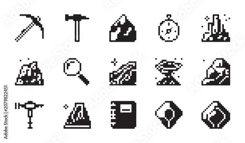 Quadro em tela Pixel art geology and exploration vector icons, perfect for educational games