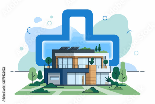 Schilderij op canvas Modern Residential House Protected by Blue Insurance Symbol