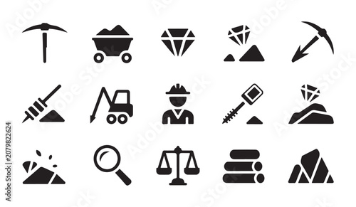 Photos Gemstone mining and mineral analysis icons for geology industry and precious stone trading