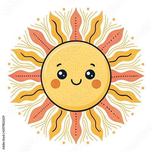 Smiling Golden Sun Character With Rays In Cute Cartoon Style