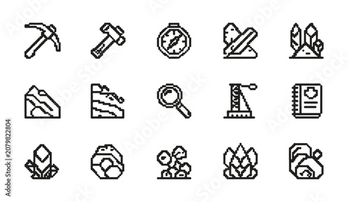 Konstfotografi Geology and mineral exploration icon set with pixel art style mining tools and resources