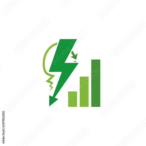 Green Energy Efficiency Logo with Lightning Bolt and Growth Bar Chart for Smart Metering and Power Management