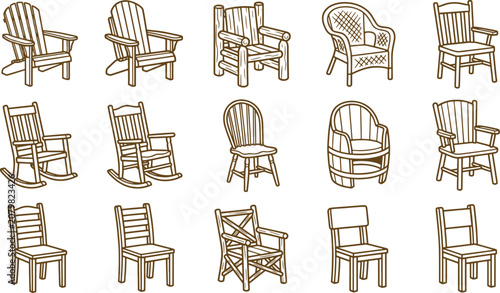 Various styles of wooden chairs, armchairs, and rocking chairs illustrated in a simple brown line style on a clean white background