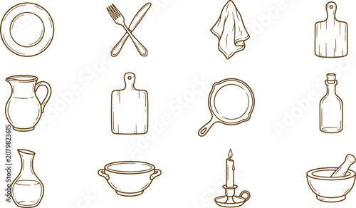 Assorted kitchen and dining featuring a plate, cutlery, napkin, cutting board, pitcher, skillet, bottle, bowl, candle, and mortar and pestle