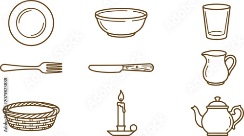 Assorted kitchen and dining including plate, bowl, glass, fork, knife, pitcher, basket, candle, and teapot, drawn in brown line