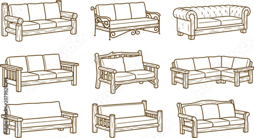 Assorted line of rustic and wooden sofas, showcasing various seating configurations and styles for cabin or lodge interior