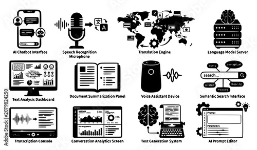 Obraz na plátně Natural Language Processing and Generative AI Icon Set featuring Chatbot, Speech