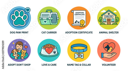 A colorful infographic displays various icons representing animal adoption at a shelter.