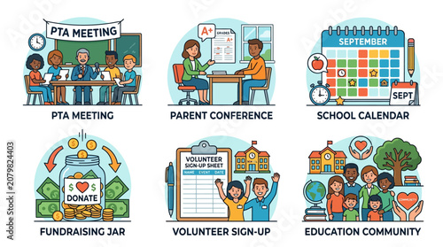 A vibrant education community comes together with people at a PTA meeting and parent conference with a school calendar and volunteer sign up