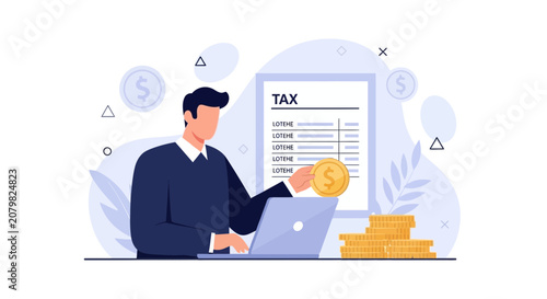 Man with Laptop and Tax Document, Calculating Finances and Paying Taxes with Coins, Financial Planning