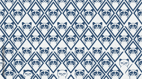 Obraz na plátně Grumpy Cat Pattern: Diamond Geometric Repetition with Sad Feline Faces