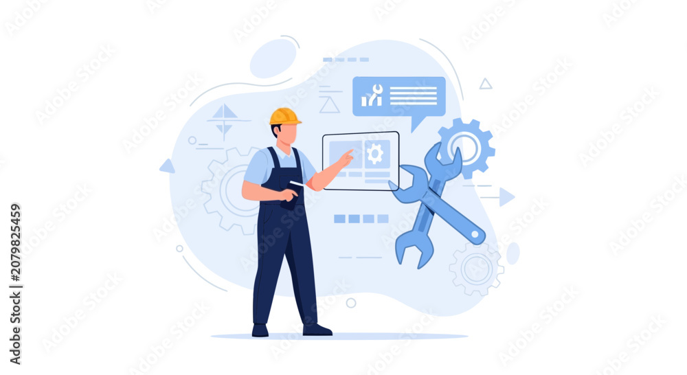 Naklejka premium Mechanic with Tablet and Tools, Industry 4.0 Concept, Technical Support and Engineering Vector Illustration