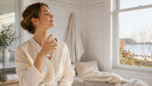 Woman applying clear body spray essential oil aromatherapy refreshing bodycare coastal home autumn fall hero banner copyspace