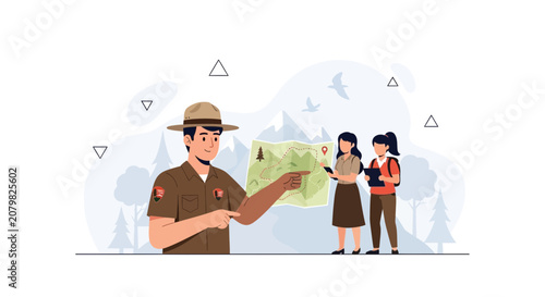 Park Ranger guides tourists with map in scenic mountain landscape vector illustration