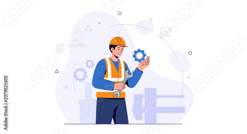 Skilled Engineer with Wrench and Gear in Modern Flat Illustration Style