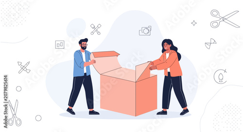People opening a large cardboard box, symbolizing surprise, delivery, and new beginnings with minimalist icons.
