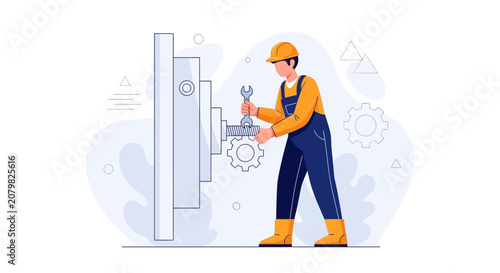 Skilled mechanic in uniform repairs machinery with tools, industrial setting, engineering concept illustration