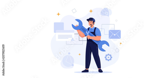 Skilled Mechanic with Wrench, Offering Technical Support and Repair Services in a Modern Flat Design