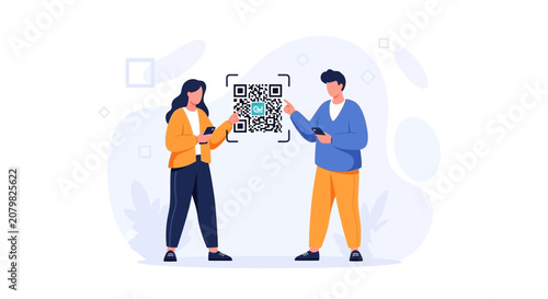 People scanning QR code with smartphones, modern flat illustration for technology, communication, and digital marketing concepts