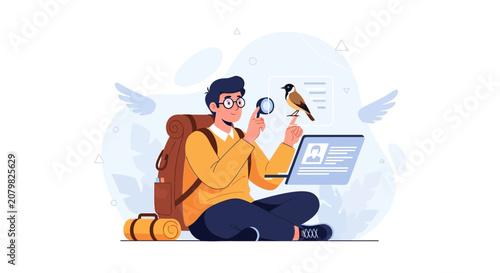 Ornithologist with Magnifying Glass Studies Bird on Laptop Screen, Vector Illustration