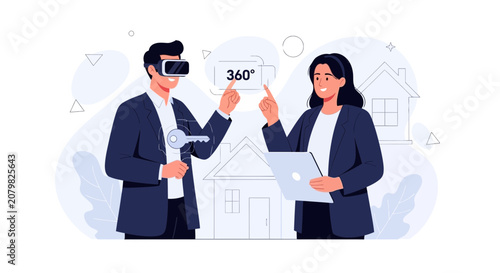 People using VR and laptop to explore virtual property and real estate, digital technology concept