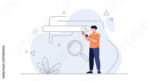 Person using smartphone for online search, browsing, and digital information discovery with magnifying glass and abstract elements