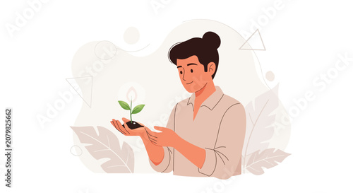 Person Holding Young Plant Sprout in Hands, Symbolizing Growth, New Beginnings, and Sustainable Future