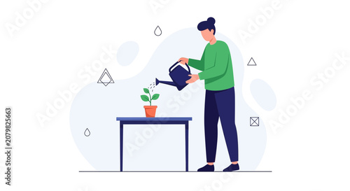 Person watering a small plant in a pot on a table, growth, care, and nurturing concept illustration in modern flat style.