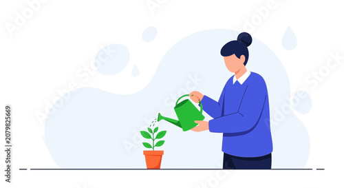 Person watering a young plant in a pot, symbolizing growth, nurturing, and new beginnings in a modern flat design.
