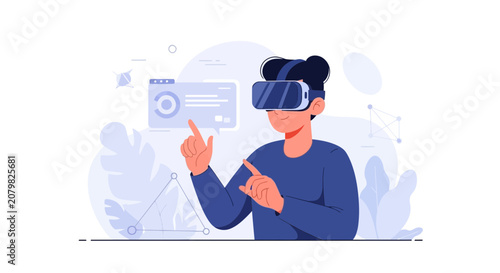 Person wearing VR headset interacting with digital interface, exploring virtual reality and augmented reality technology