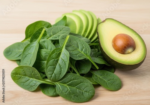 Fresh green spinach leaves and sliced avocado isolated on white background