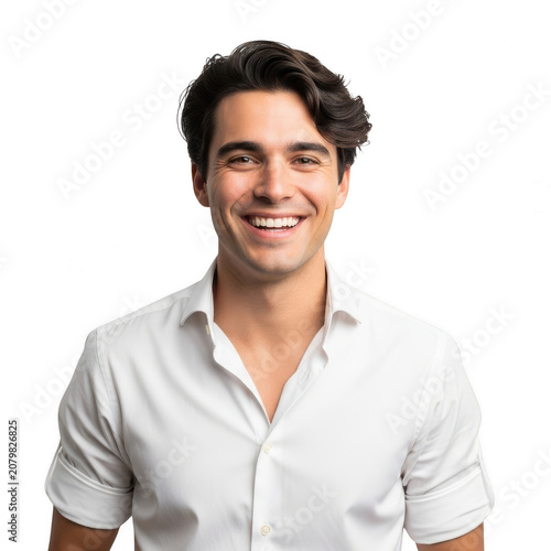 Happy young man smiling in a white shirt isolated on transparent background