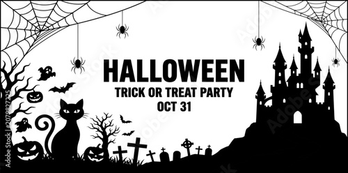 Tableau sur toile Halloween trick or treat party invitation with spooky silhouettes
