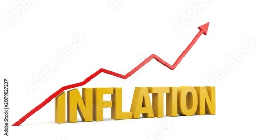 Golden inflation word with rising red arrow graph symbolizing economic growth increase