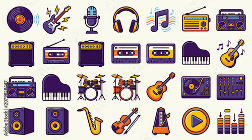 Music Production and Instrument Vector Icons Set Ideal for Creative Digital Design and Audio Themes