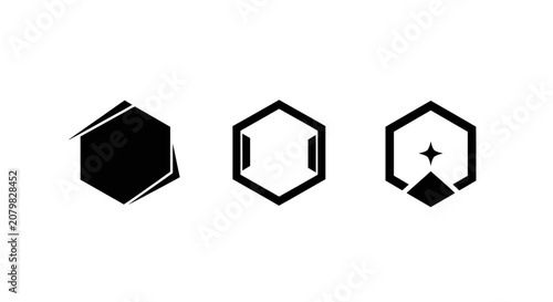 Three black hexagonal geometric icons with symbols.