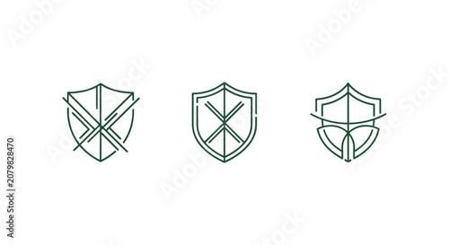 Three minimalist shield icons in line art style.