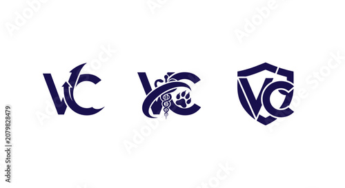 Three distinct blue logo designs with stylized letters.