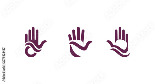 Three purple hand symbols with wave design.