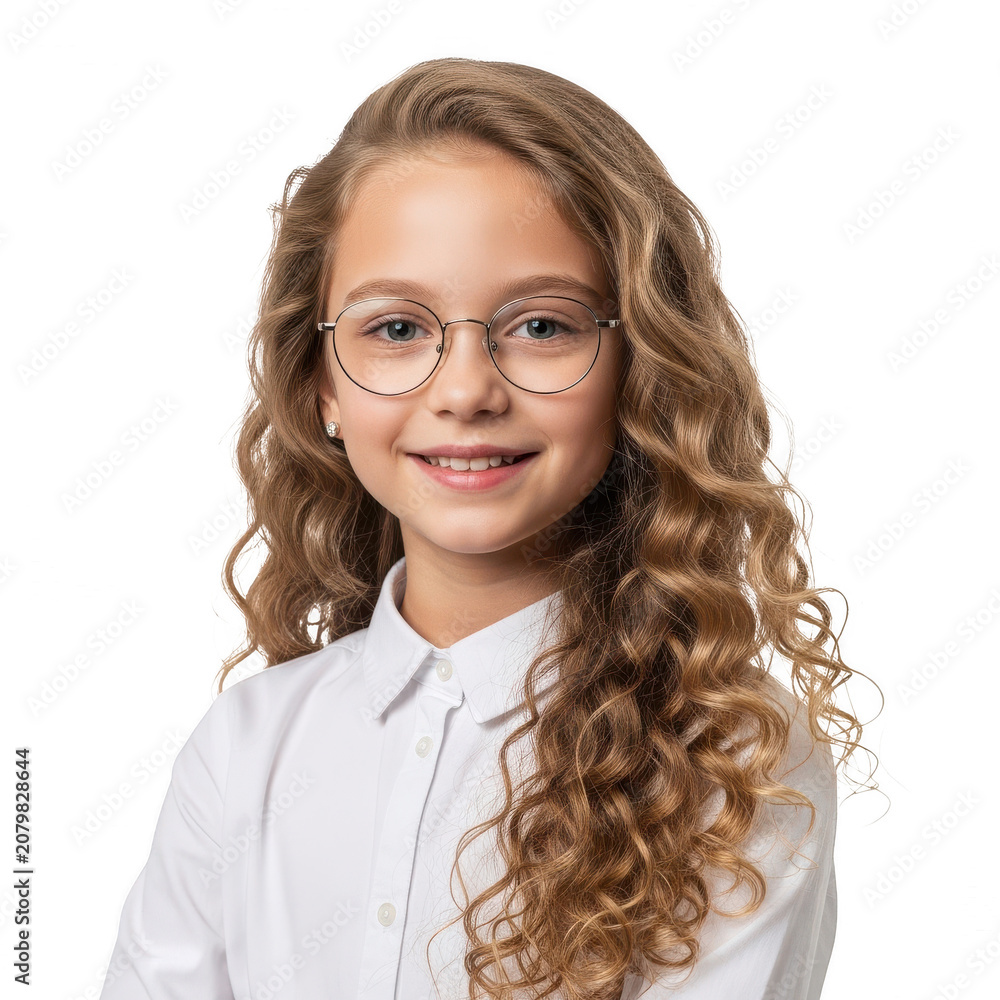 Obraz premium Happy young girl with curly hair and glasses smiling isolated on transparent background