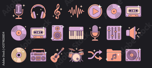 Music Equipment Icons Collection in Modern Flat Vector Style for Audio Applications