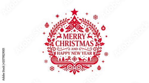 Merry Christmas and Happy New Year Red Emblem with Tree, Reindeer, Sleigh