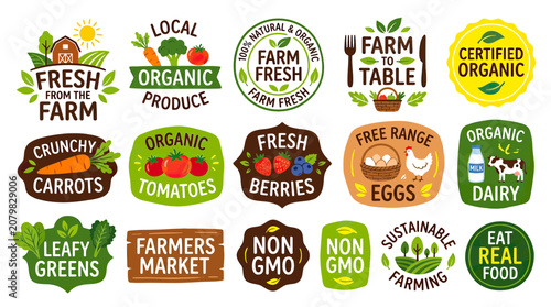Organic Food Labels & Badges: Fresh Farm Produce, Non-GMO, Dairy, Eggs